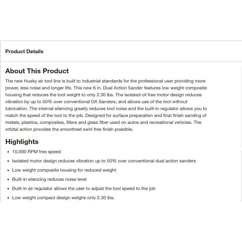 Husky 6" Dual Action Sander Low Vibration 1000 030 213 - H4870 Orbital