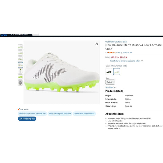 Mens 7 New Balance Men's Rush V4 Low Lacrosse Shoe Molded Cleats Shoes