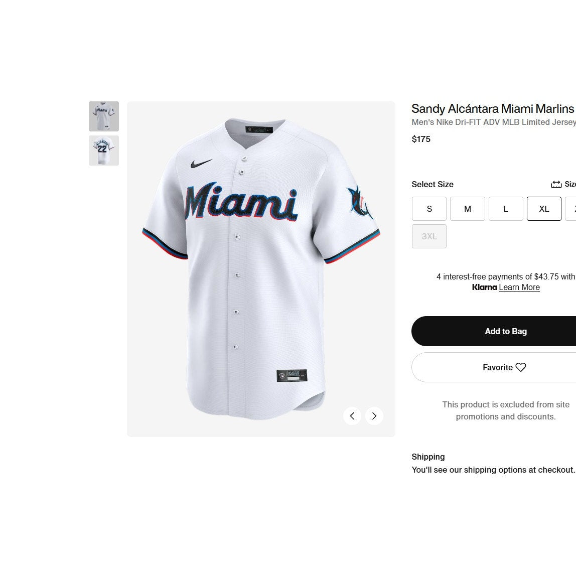 Mens XL Sandy Alcántara Miami Marlins Nike Dri-FIT ADV MLB Limited Jersey