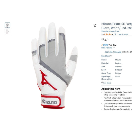 Mizuno Prime SE Softball Fastpitch Batting Gloves White/Red, Medium 889961366789
