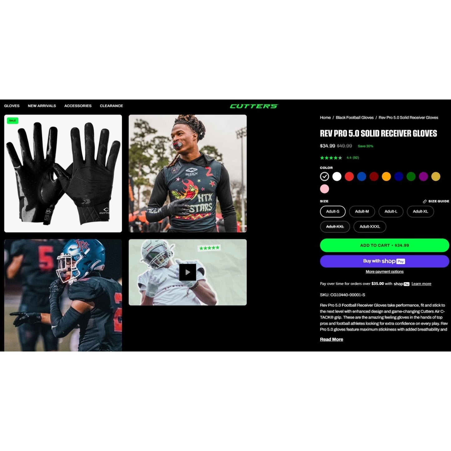 Cutters Football Gloves WR Wide Receiver Mens S Black Rev Pro 5.0 Extreme Grip