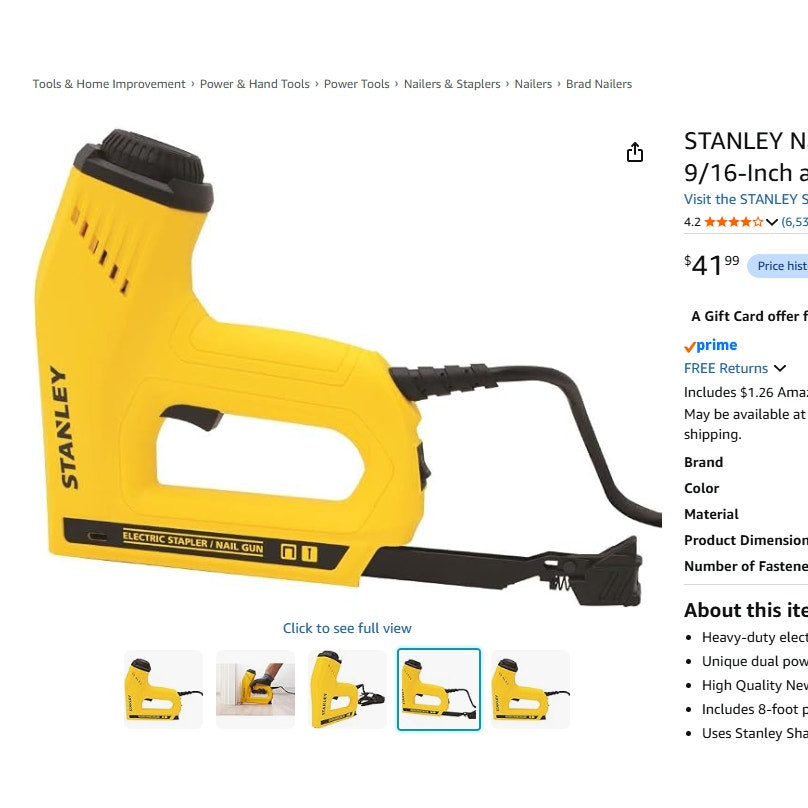 STANLEY Nail Gun, Electric Stapler, 1/2", 9/16" and 5/8-Inch Brads (TRE550Z)