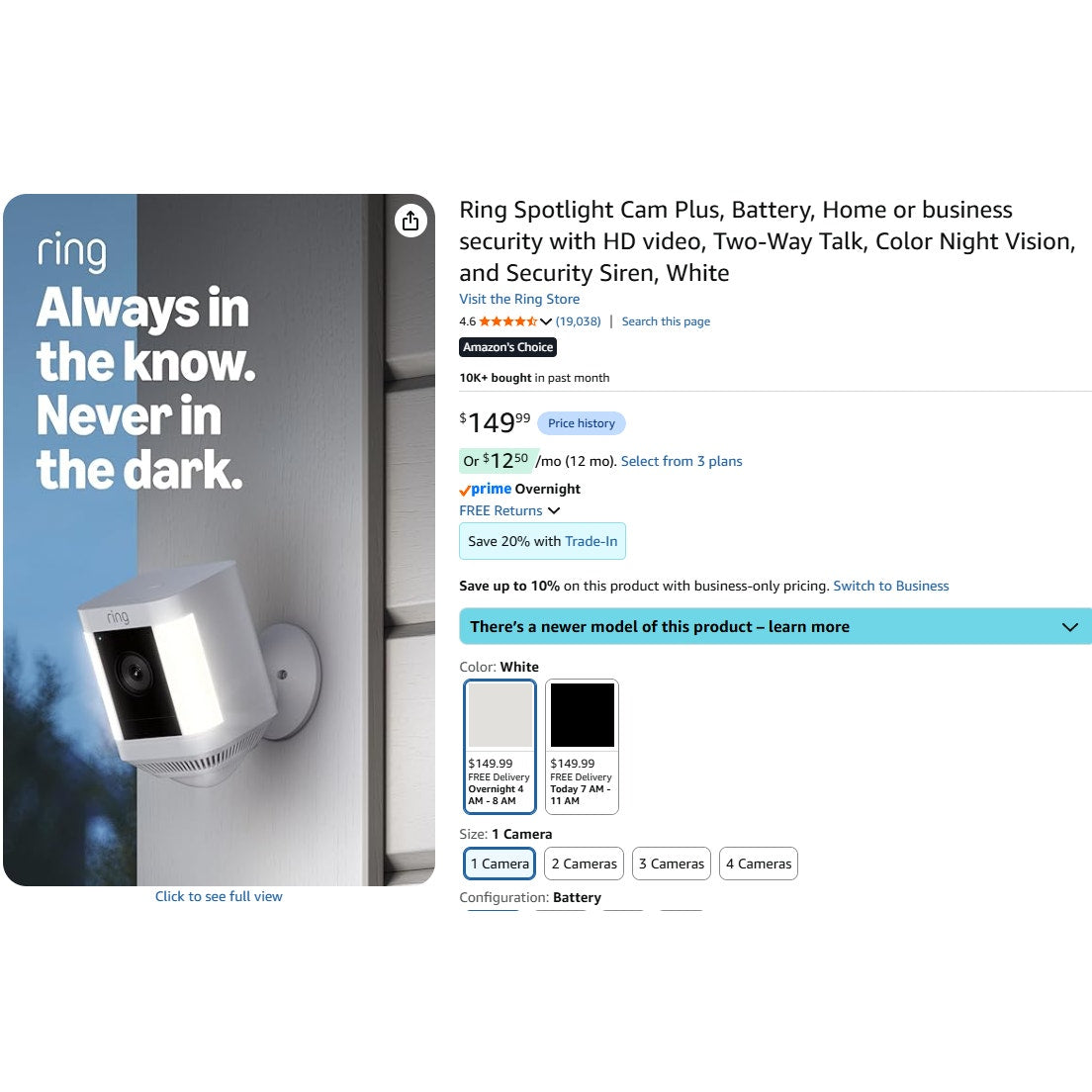Ring Spotlight Cam Plus, Battery, Home or business security with HD video, White