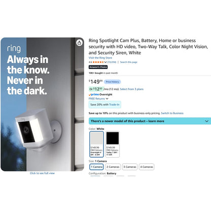 Ring Spotlight Cam Plus, Battery, Home or business security with HD video, White