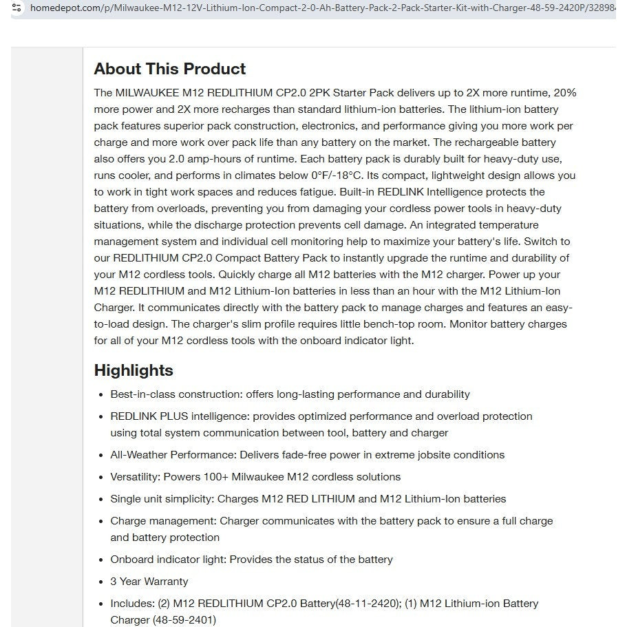 Milwaukee 48-59-2420p M12 12-Volt Lithium-Ion Compact Battery Pack 2.0Ah and Charger