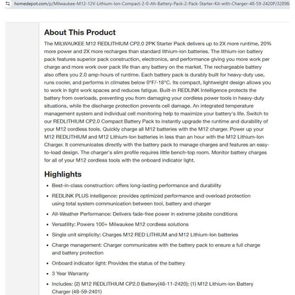 Milwaukee 48-59-2420p M12 12-Volt Lithium-Ion Compact Battery Pack 2.0Ah and Charger