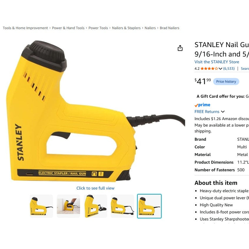 STANLEY Nail Gun, Electric Stapler, 1/2", 9/16" and 5/8-Inch Brads (TRE550Z)