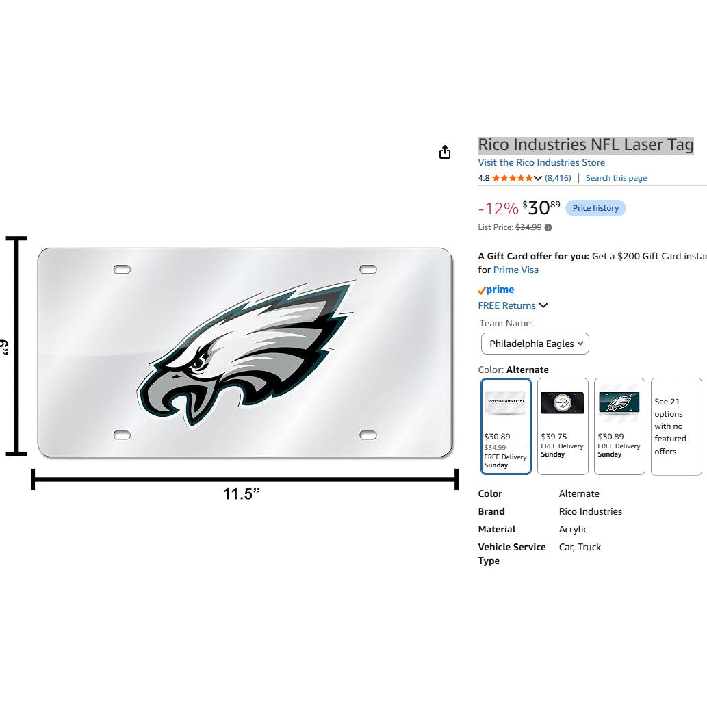 Philadelphia Eagles License Plate Rico Industries NFL Laser Tag