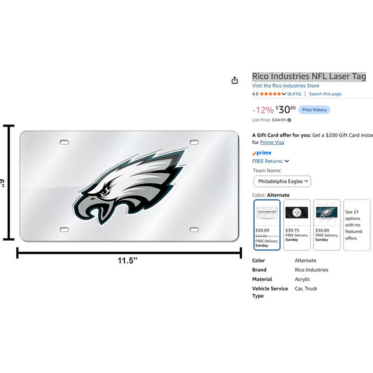 Philadelphia Eagles License Plate Rico Industries NFL Laser Tag