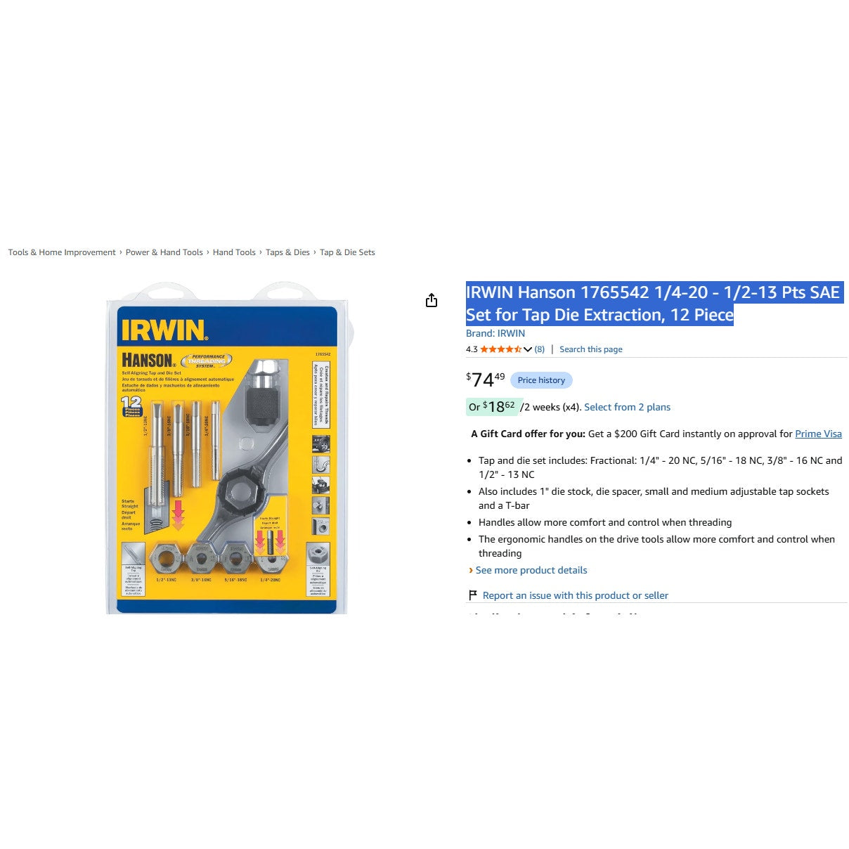 IRWIN Hanson 1765542 1/4-20 - 1/2-13 Pts SAE Set for Tap Die Extraction, 12 Piece