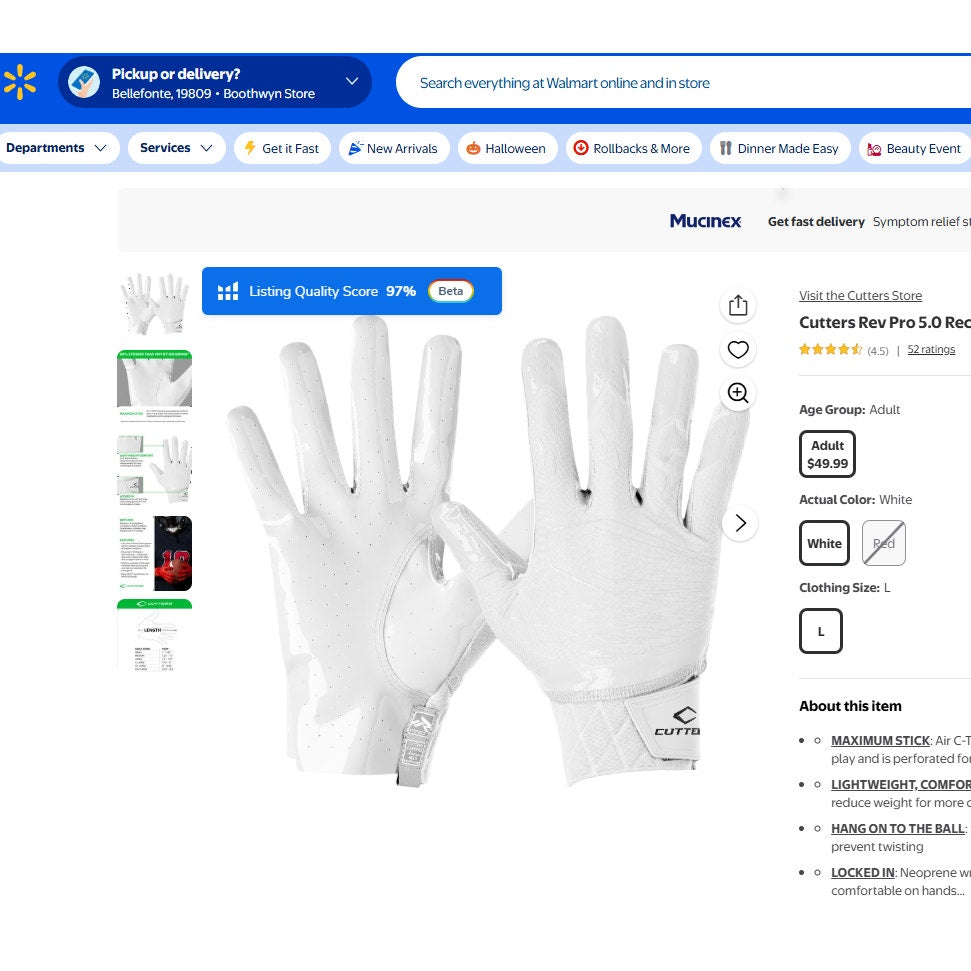 Mens Small Cutters Rev Pro 5.0 Solid White Receiver WR Gloves
