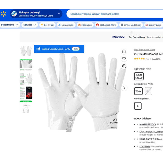 Mens Small Cutters Rev Pro 5.0 Solid White Receiver WR Gloves