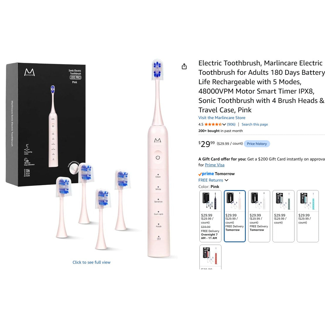 Marlincare Electric Sonic Toothbrush for Adults Pink B10 180 Days Rechargeable