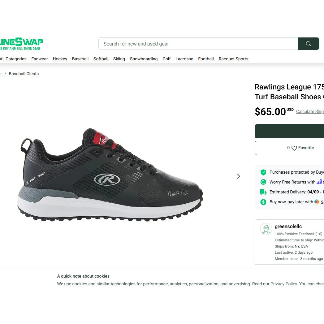 Size 6.5 D Rawlings League Men's Baseball Turf Cleats/Sneakers/Shoes 175787 New