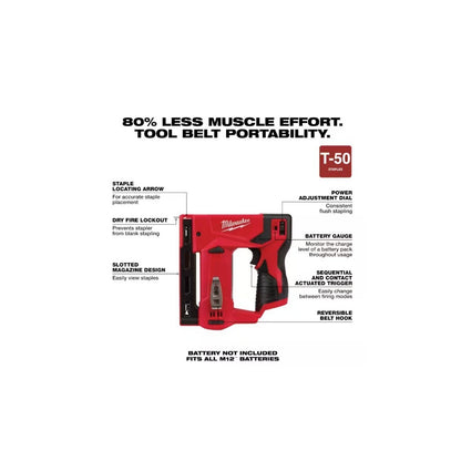 Milwaukee 2447-20 M12 12V Li-Ion Cordless 3/8" Crown Stapler -Tool Only- T-50