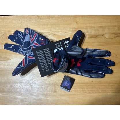 Mens Small Under Armour UA F8 Novelty GlueGrip Football Limited Edition Gloves - Academy/Steel/Red WR