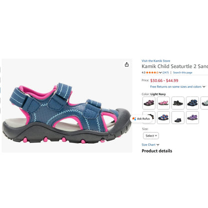 Kids Size 5 Kamik Child Seaturtle 2 Sandals (5.4" Heel to Toe) Navy & Pink New