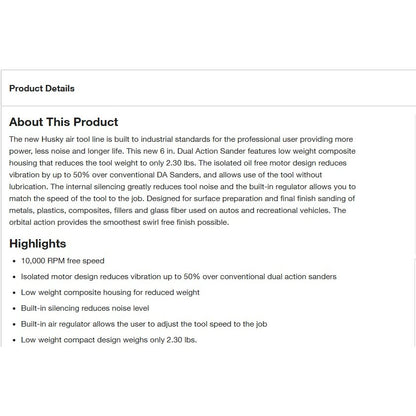 Husky 6" Dual Action Sander Low Vibration 1000 030 213 - H4870 Orbital