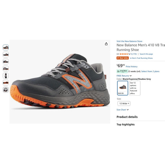 Men's 12 Wide - New Balance 410 V8 Trail Running Shoes Black/Cayenne/Shadow Grey