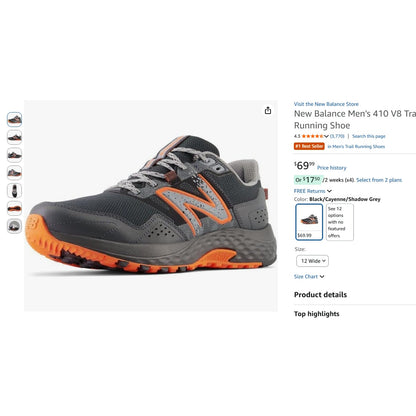 Men's 12 Wide - New Balance 410 V8 Trail Running Shoes Black/Cayenne/Shadow Grey