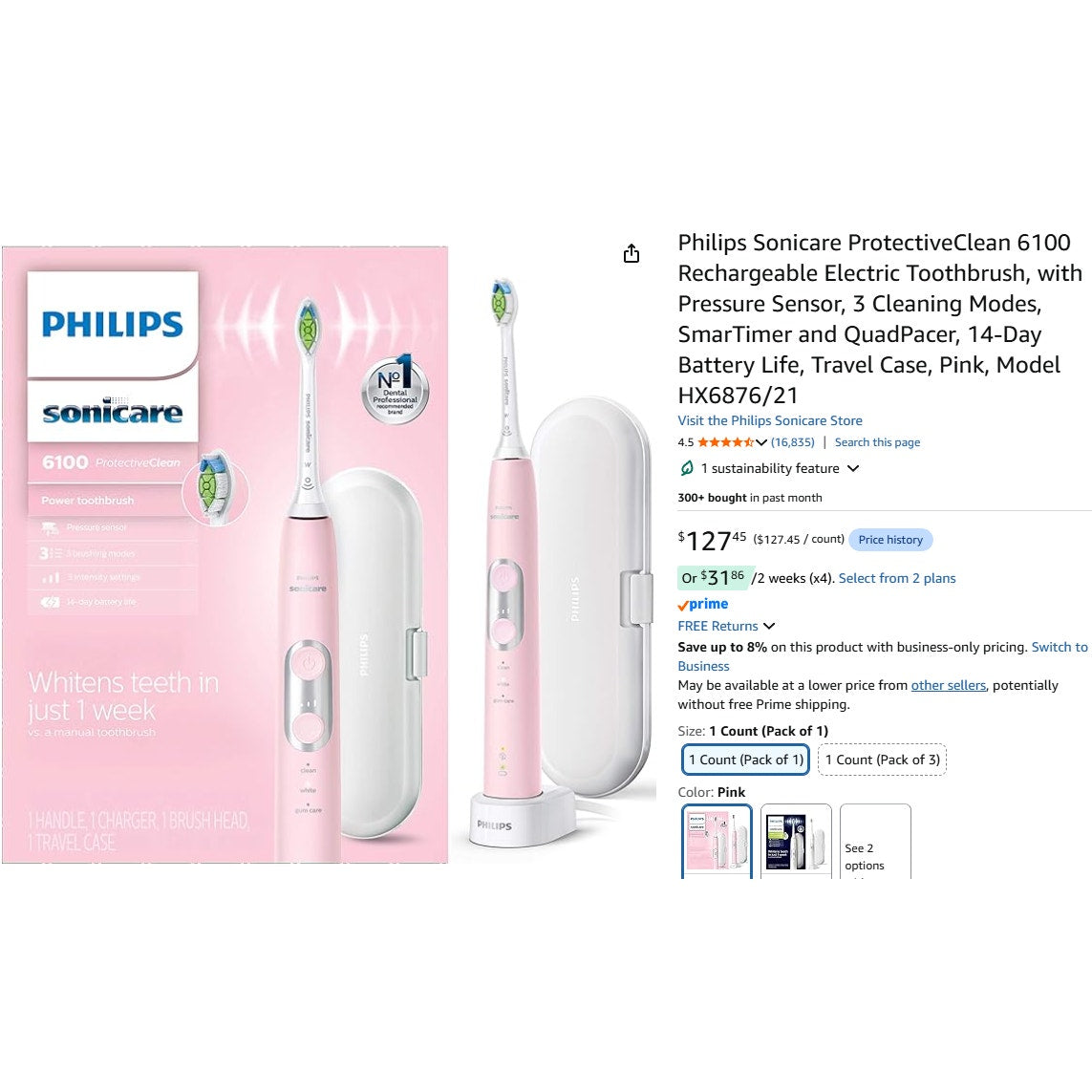 Philips Sonicare Protective Clean 6100 Electric Toothbrush Pink HX6876/21