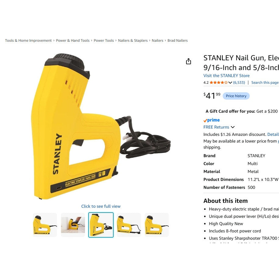STANLEY Nail Gun, Electric Stapler, 1/2", 9/16" and 5/8-Inch Brads (TRE550Z)
