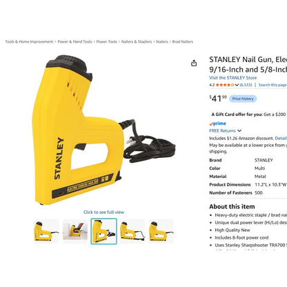 STANLEY Nail Gun, Electric Stapler, 1/2", 9/16" and 5/8-Inch Brads (TRE550Z)