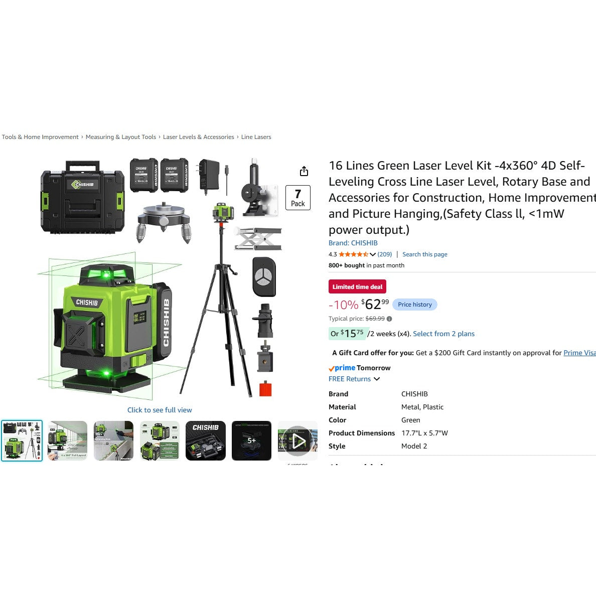 Chisib 16 Lines Green Laser Level Kit -4x360° 4D Self-Leveling Cross Line