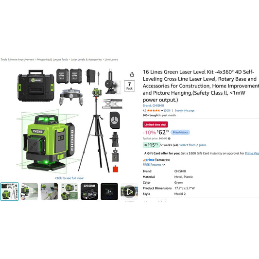 Chisib 16 Lines Green Laser Level Kit -4x360° 4D Self-Leveling Cross Line