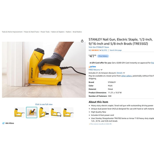 STANLEY Nail Gun, Electric Stapler, 1/2", 9/16" and 5/8-Inch Brads (TRE550Z)