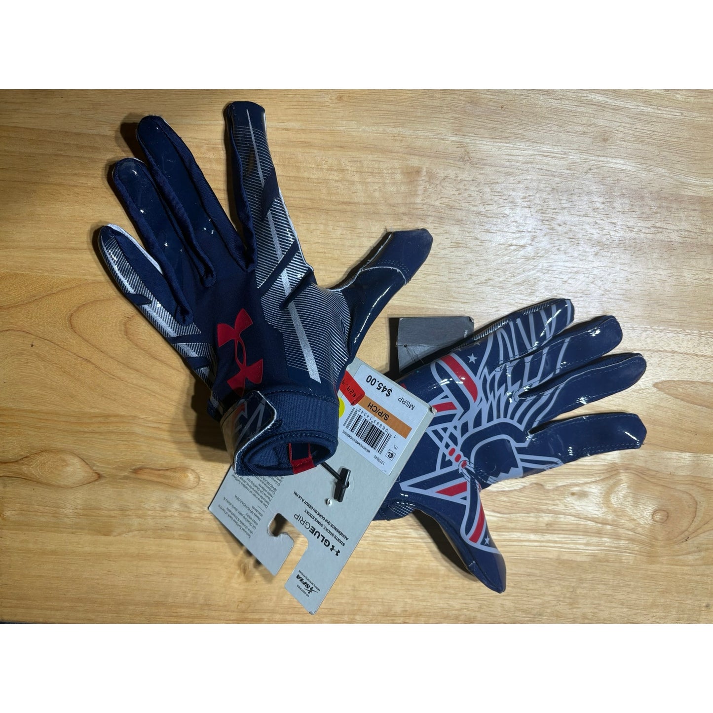 Mens Small Under Armour UA F8 Novelty GlueGrip Football Limited Edition Gloves - Academy/Steel/Red WR