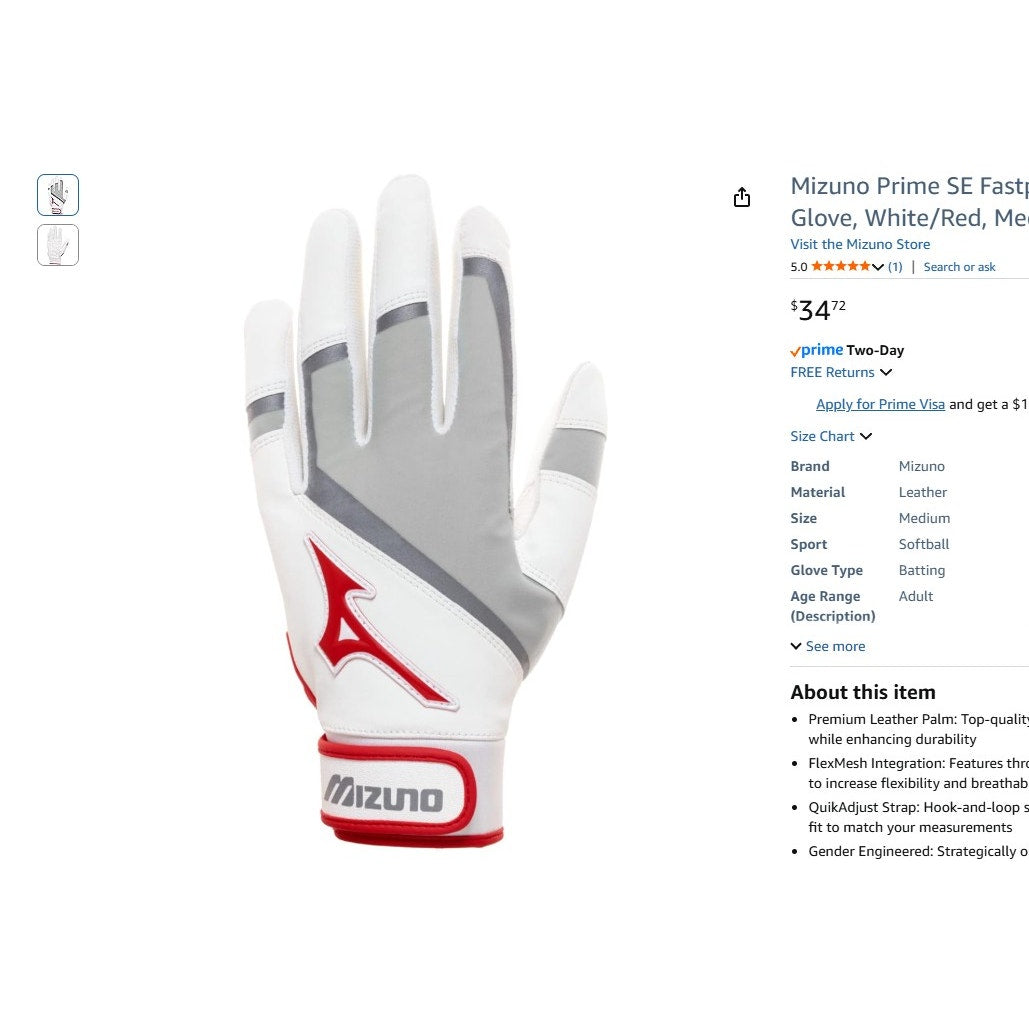 Mizuno Prime SE Softball Fastpitch Batting Gloves White/Red, Medium 889961366789