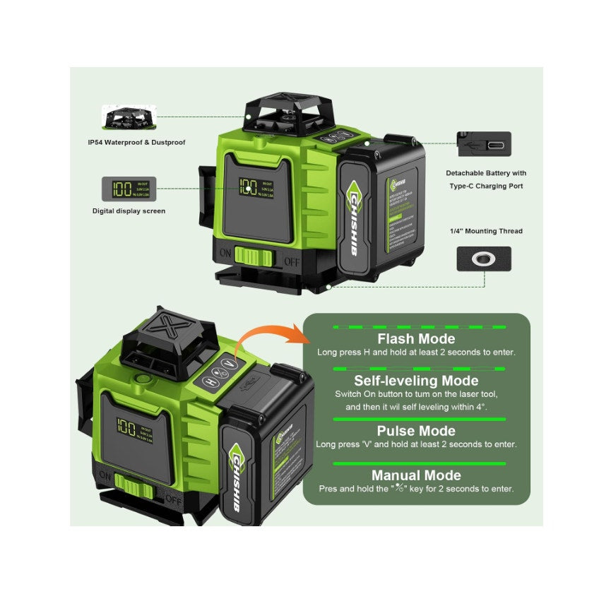 Chisib 16 Lines Green Laser Level Kit -4x360° 4D Self-Leveling Cross Line