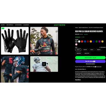 Cutters Football Gloves WR Wide Receiver Mens S Black Rev Pro 5.0 Extreme Grip