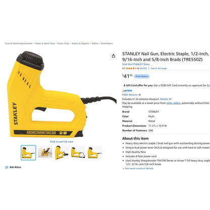 STANLEY Nail Gun, Electric Stapler, 1/2", 9/16" and 5/8-Inch Brads (TRE550Z)