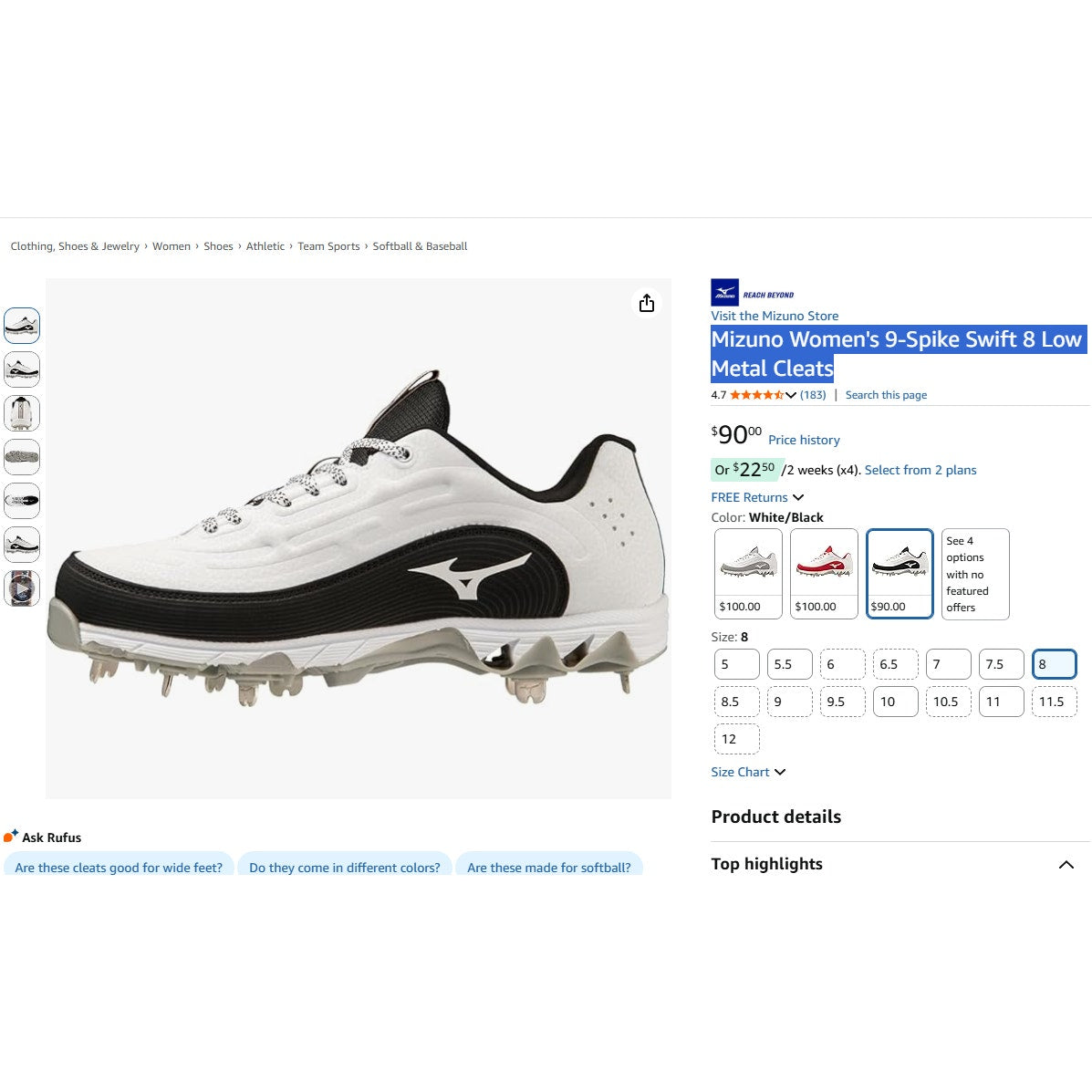 Size 8 Mizuno Women's Spike-Swift 8 Low Metal Cleats Softball Baseball New