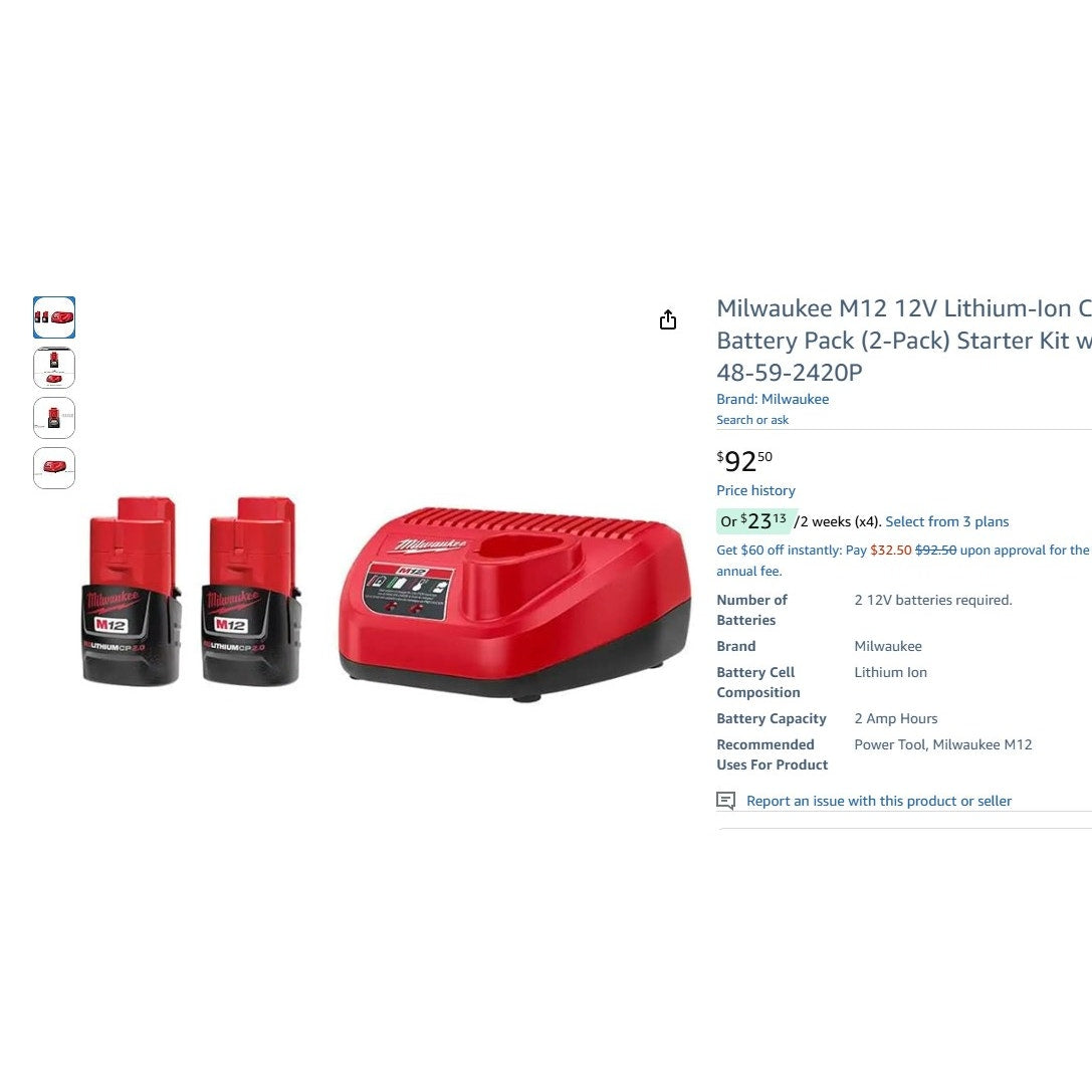 Milwaukee 48-59-2420p M12 12-Volt Lithium-Ion Compact Battery Pack 2.0Ah and Charger