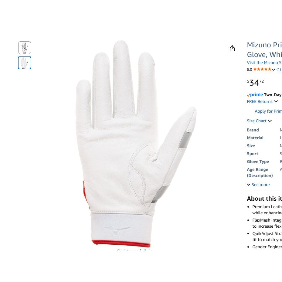 Mizuno Prime SE Softball Fastpitch Batting Gloves White/Red, Medium 889961366789